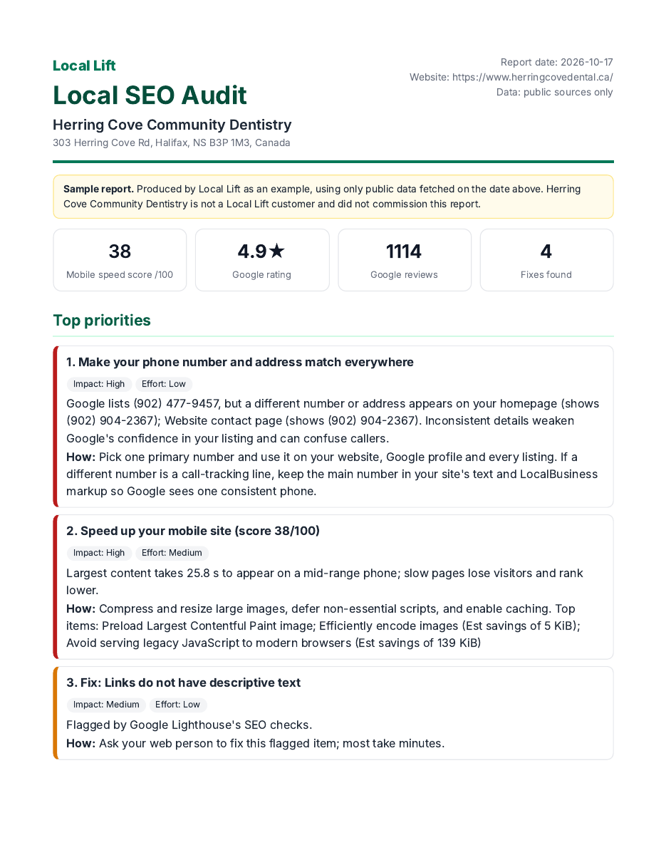 Page 1 of a Local Lift sample audit report